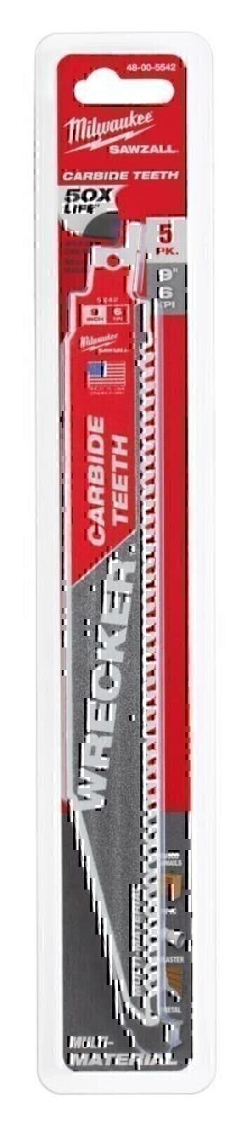 New Milwaukee 9" 6TPI Carbide Teeth Wrecker Sawzall Blades 5-Pack 48-00-5542 NIB