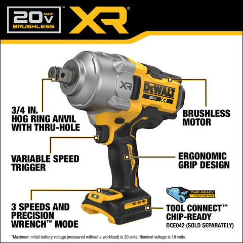 DEWALT DCF964B 20V MAX XR 3/4" Brushless High Torque Impact Wrench Hog Ring Anvil