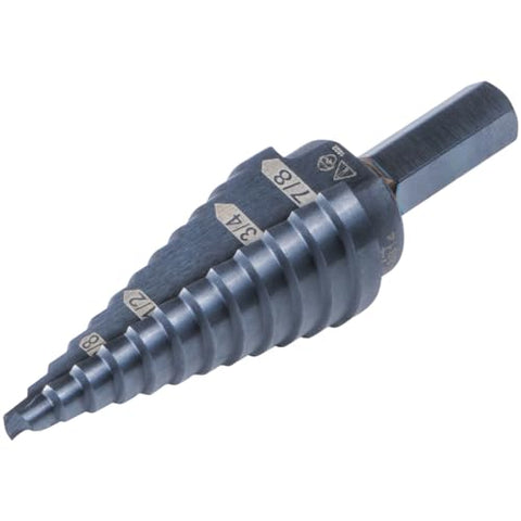Klein Tools KTSB14 Step Drill Bit #14 Double-Fluted, 3/16 to 7/8-Inch with Easy-to-Read Step Markings and Targets, 3/8-Inch Hex Shank