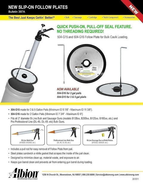 Albion Engineering 504-G16 Slip-on Follow Plate for 2 Gallon Pail No Threading