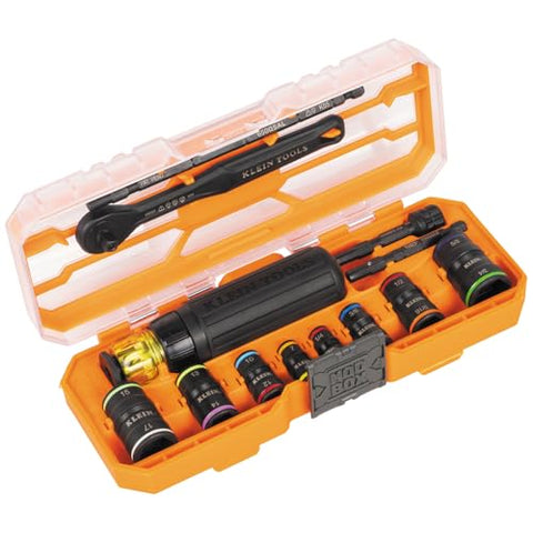 Klein Tools 65242 KNECT Impact Socket Set, Ratcheting Screwdriver Set, 1/4-Inch Drive, SAE and Metric Flip Sockets, 16 Hex Sizes, Adapters, MODbox Case