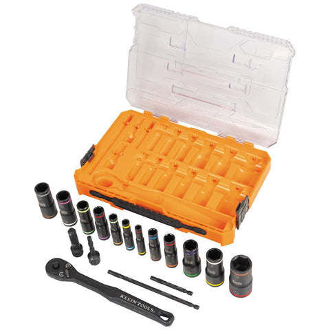 Klein Tools 65626 KNECT Deep Well Impact Socket Set, 3/8-Inch Drive Ratchet, 24 SAE and Metric Flip Socket Sizes, MODbox Case