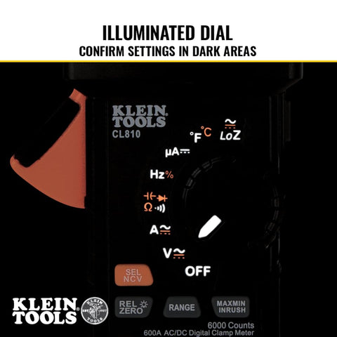 Klein Tools CL810 Pro Digital Clamp Meter, 600A AC/DC Auto-Ranging, True RMS, NCVT, Measures Current, LOZ,Temperature, with Flashlight and Illuminated Dial