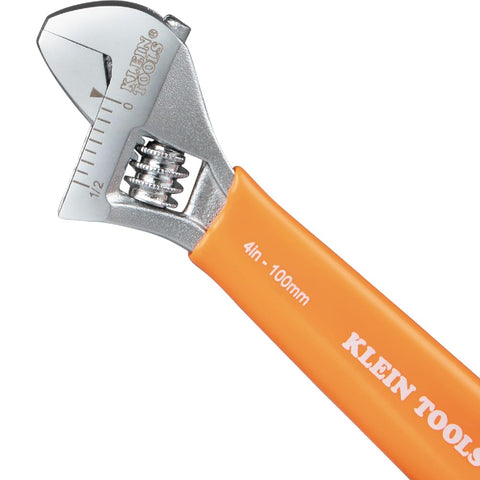 Klein Tools O5064 Adjustable Wrench, Extra-Capacity Jaw, Forged Heat-Treated Alloy Steel, SAE, Metric Scales, Plastic-Dipped Handle, 4-Inch