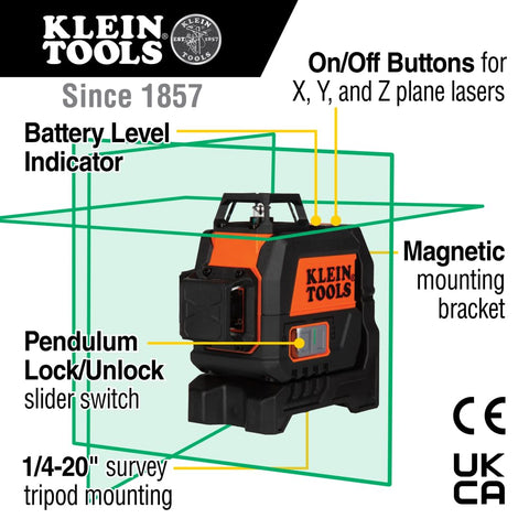 Klein Tools 93CPLG Compact Self-Leveling Laser Level, Bright Green Cross Line 360-Degree Laser Planes, Rechargeable, Magnetic Mount