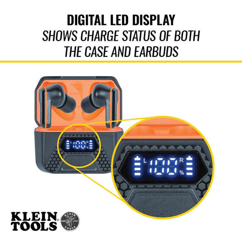 Klein Tools AESEB2 Elite Bluetooth Jobsite Earbuds, True Wireless Earplugs, 25dB NRR Hearing Protection, 24-Hour Playtime, Digital LED Display