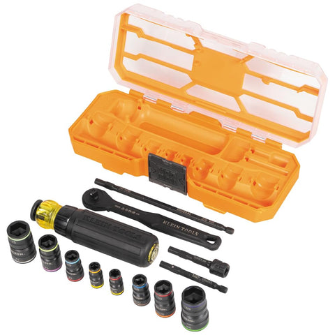 Klein Tools 65242 KNECT Impact Socket Set, Ratcheting Screwdriver Set, 1/4-Inch Drive, SAE and Metric Flip Sockets, 16 Hex Sizes, Adapters, MODbox Case