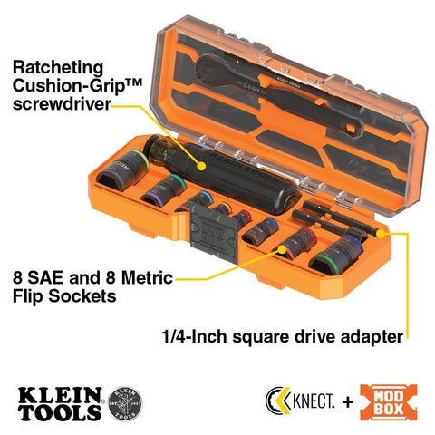 Klein Tools 65242 KNECT Impact Socket Set, Ratcheting Screwdriver Set, 1/4-Inch Drive, SAE and Metric Flip Sockets, 16 Hex Sizes, Adapters, MODbox Case