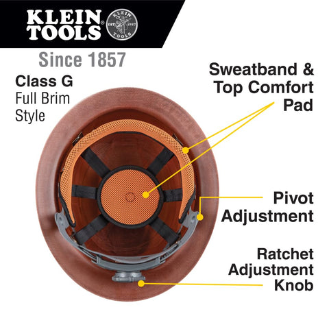 Klein 60447 Class G KONSTRUCT Full Brim Hard Hat Brown w/ Rechargeable Headlamp