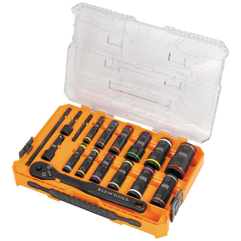 Klein Tools 65626 KNECT Deep Well Impact Socket Set, 3/8-Inch Drive Ratchet, 24 SAE and Metric Flip Socket Sizes, MODbox Case