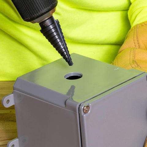 Klein Tools KTSB14 Step Drill Bit #14 Double-Fluted, 3/16 to 7/8-Inch with Easy-to-Read Step Markings and Targets, 3/8-Inch Hex Shank