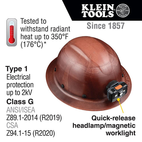 Klein 60447 Class G KONSTRUCT Full Brim Hard Hat Brown w/ Rechargeable Headlamp