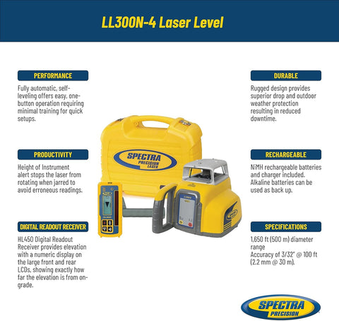 Spectra Precision LL300N-4 Self-Leveling Laser Level Kit + HL450 Receiver Tripod