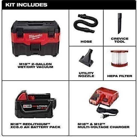 New Milwaukee 0880-20P M18 18V Li-Ion Wet Dry Vacuum 5.0 Ah Battery Charger Kit