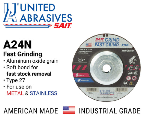 United Abrasives SAIT 20085 A24N Grinding Wheel 7 x 1/4 x 5/8-11", T 27 with Super-Lock™ Hub.