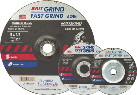 United Abrasives SAIT 20085 A24N Grinding Wheel 7 x 1/4 x 5/8-11", T 27 with Super-Lock™ Hub.