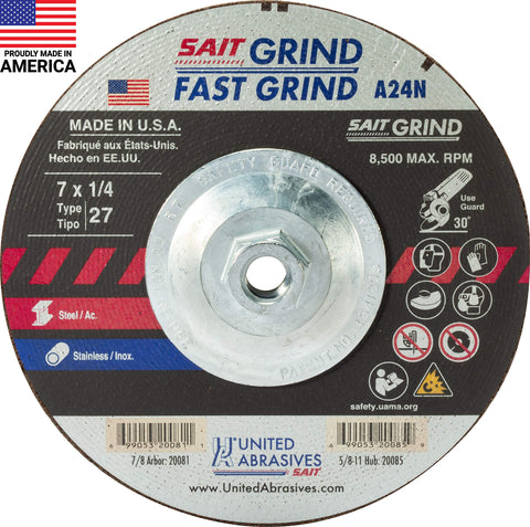 United Abrasives SAIT 20085 A24N Grinding Wheel 7 x 1/4 x 5/8-11", T 27 with Super-Lock™ Hub.