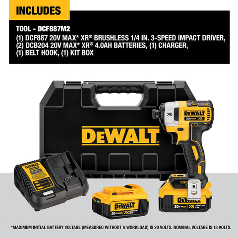 DeWALT DCF887B 20V MAX XR 3.0 Ah Li-Ion Brushless 3 Speed 1/4" Impact Driver Kit