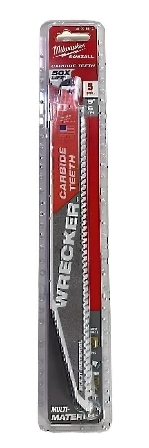 New Milwaukee 9" 6TPI Carbide Teeth Wrecker Sawzall Blades 5-Pack 48-00-5542 NIB