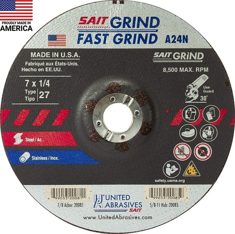 United Abrasives-SAIT 20081 A24N Fast Grinding Wheel 7" x 1/4" x 7/8" Type 27, 2