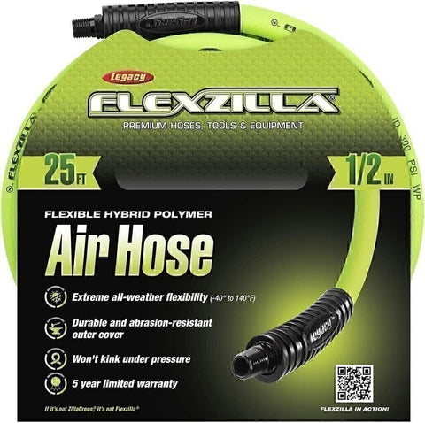 Flexzilla HFZ1225Y Air Hose, 1/2 in. x 25 ft., 3/8 in. MNPT Fittings, Heavy Duty