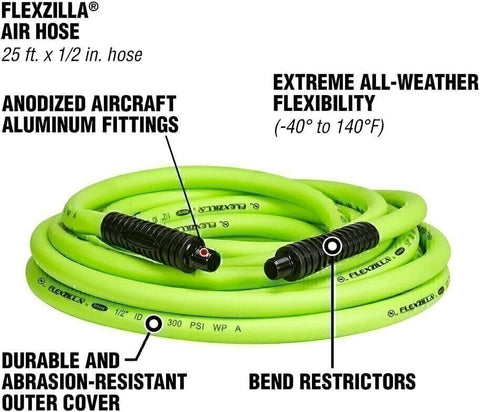 Flexzilla HFZ1225Y Air Hose, 1/2 in. x 25 ft., 3/8 in. MNPT Fittings, Heavy Duty