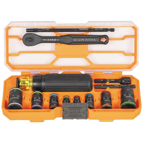 Klein Tools 65242 KNECT Impact Socket Set, Ratcheting Screwdriver Set, 1/4-Inch Drive, SAE and Metric Flip Sockets, 16 Hex Sizes, Adapters, MODbox Case