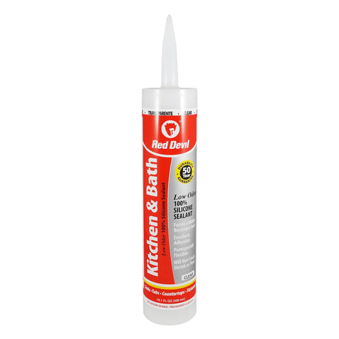 Red Devil 0887 Kitchen & Bath Low Odor 100% Silicone Sealant, A Water-Resistant Adhesive For Creating A Protective Barrier Against Moisture, 10.1 oz. Tube, Clear, 1-Pack