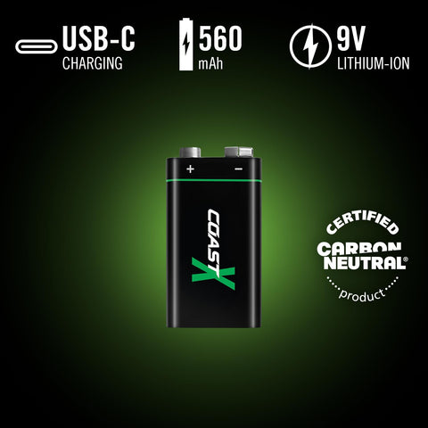 Coast ZITHION-X 9V USB-C Rechargeable Batteries (2-Pack) - Lithium Ion, 560 mAh, Fast Charging