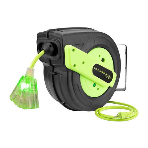 Flexzilla Retractable Extension Cord Reel, 12/3 AWG SJTOW Cord, 60', Grounded Triple Tap Outlet, ZillaGreen, FZ8120603