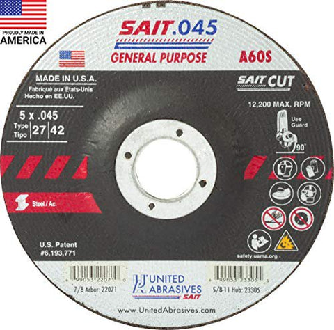 United Abrasives-SAIT 22047 A60S General Purpose Cut-Off Wheel (Type 27/Type 42 Depressed Center) 6" x .045" x 7/8", 50-Pack