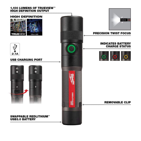 Milwaukee USB Rechargeable 1100 Lumen Twist Focusing Flashlight