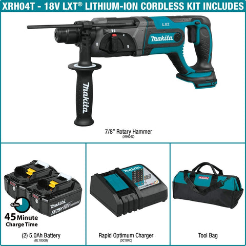 Makita XRH04T 18V LXT Lithium-Ion Cordless 7/8" Rotary Hammer Kit, Accepts Sds-Plus Bits (5.0Ah)