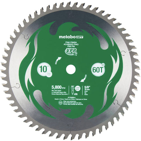 Metabo HPT 10-Inch Miter Saw/Table Saw Blade, 60T, Fine Finish, 5/8" Arbor, Large Micrograin Carbide Teeth, 5800 Max Rpm, 115435M