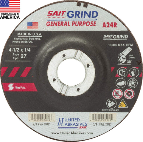 United Abrasives 20063 A24R Grinding Wheel Type 27, 4 1/2" x 1/4" x 7/8" 25PK