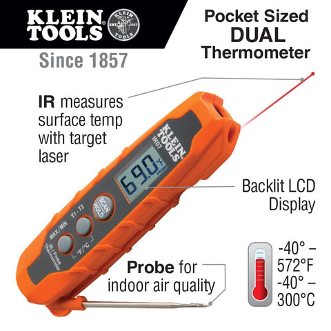 Klein Tools IR07 Dual IR Infared Probe Pocket Size LCD Digital Thermometer