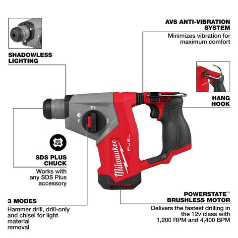 Milwaukee 2508-20 M12 FUEL 12V 5/8" SDS Plus Cordless Rotary Hammer Drill