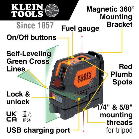 Klein Tools 93LCLGR Self-Leveling Laser Level, Class 2 Rechargeable, Bright Green Cross-Lines and Red Plumb Spot, Magnetic and Ceiling Clamp Mounting