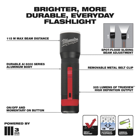 Milwaukee LED Focusing Flashlight - 325 Lumens, Model Number 2107S