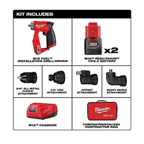 Milwaukee 2505-22 M12 Fuel Installation Drill/Driver Kit, Compact, Forward/Reverse Switch, Keyless Chuck, LED Light, Variable Speed
