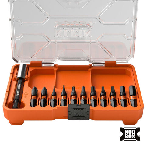 Klein Tools 33801S Impact Driver Bit Set, 12-Piece, S2 Steel, MODbox Compatible Storage Case, Magnetic Holder, Professional Driver Bits