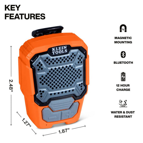 KLEIN TOOLS AEPWS1 Wearable Bluetooth Speaker, Built-in Mic for Hands-Free Music and Calls, Portable, Waterproof IP67, Magnetic and Clip-On Jobsite Mini Speaker