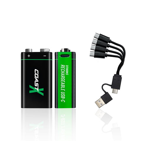 Coast ZITHION-X 9V USB-C Rechargeable Batteries (2-Pack) - Lithium Ion, 560 mAh, Fast Charging