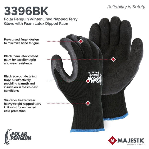 Majestic Polar Penguin 3396BK Medium Winter Black Latex Coated Palm Gloves 12pk
