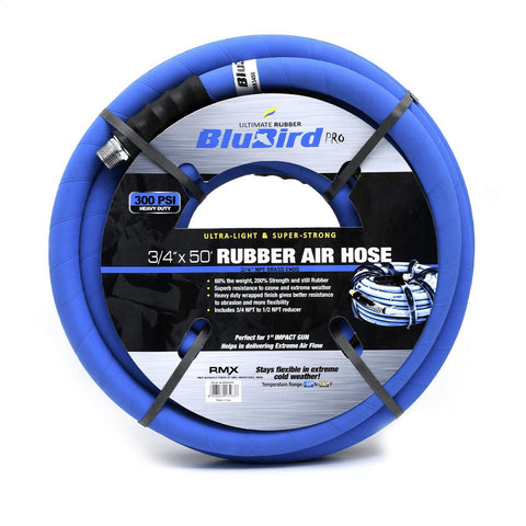 BLUBIRD BB3450 3/4" x 50' Rubber Air Hose, 100% Rubber, Lightest, Strongest, Most Flexible, 300 PSI, 50F to 190F Degrees, Ozone Resistant, High Strength Polyester Braided