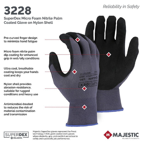 Majestic 3228 Industrial Glove Micro Foam Nitrile Palm Nylon Medium 12PK
