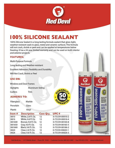 Red Devil 081012 100% Silicone Sealant Architectural Grade, White, 2.8 Oz,...