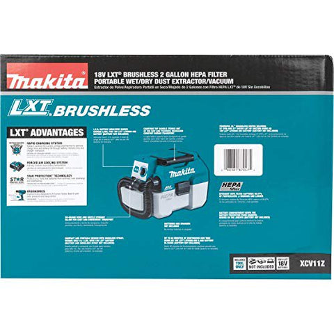Makita XCV11Z 18V LXT Lithium-Ion Brushless Cordless 2 Gallon HEPA Filter Portable Wet/Dry Dust Extractor/Vacuum, Tool Only