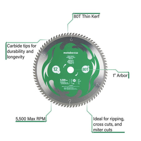 Metabo HPT 12-Inch Miter Saw Blade | 80T | Fine Finish | 1-Inch Arbor | Thin Kerf | 5500 Max RPM | 115436M