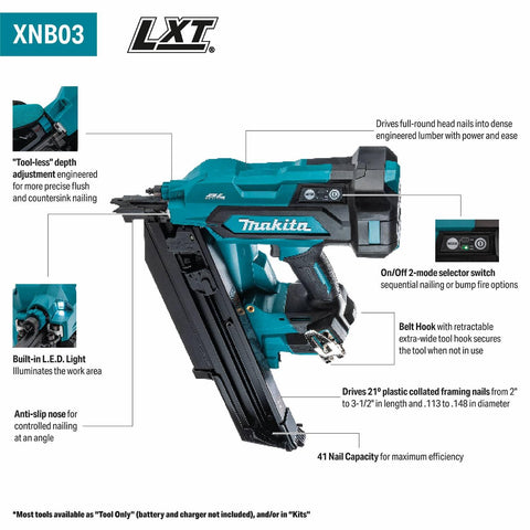 Makita XNB03Z 18V LXT Li-Ion Cordless 21º Full Round Head 3-1/2" Framing Nailer